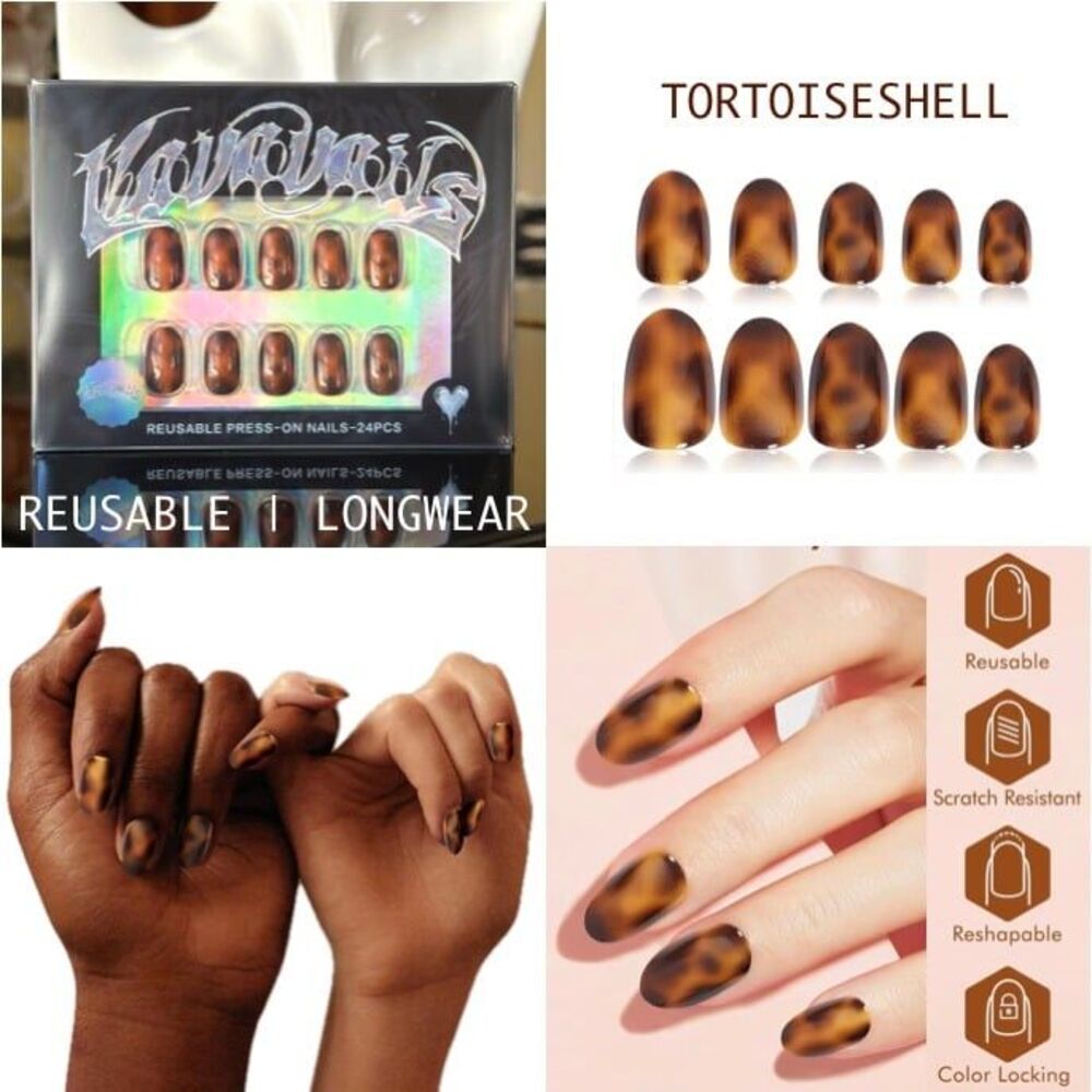 VaVaVails Glossy Tortoiseshell Short Oval Press Ons Fake Nails Set w/ Glue